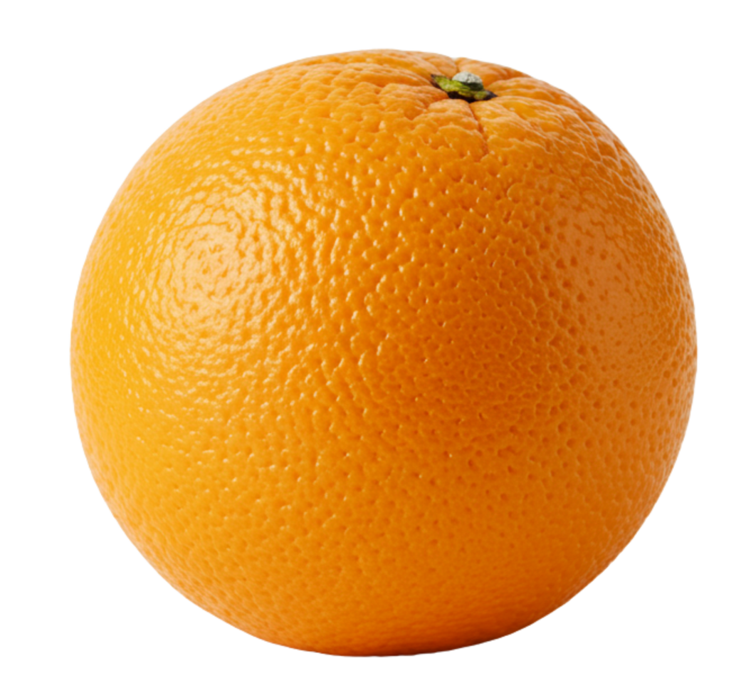 Fresh vibrant orange fruit displaying a textured surface, vividly colored and isolated against a stark transparent background, perfect for showcasing citrus elements. png