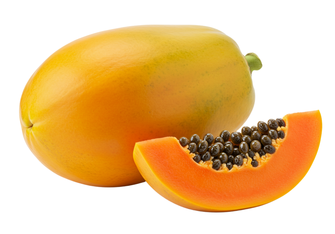 Ripe papaya fruit displayed with a juicy slice, showing vibrant orange flesh and black seeds, perfect for tropical themes, transparent background png