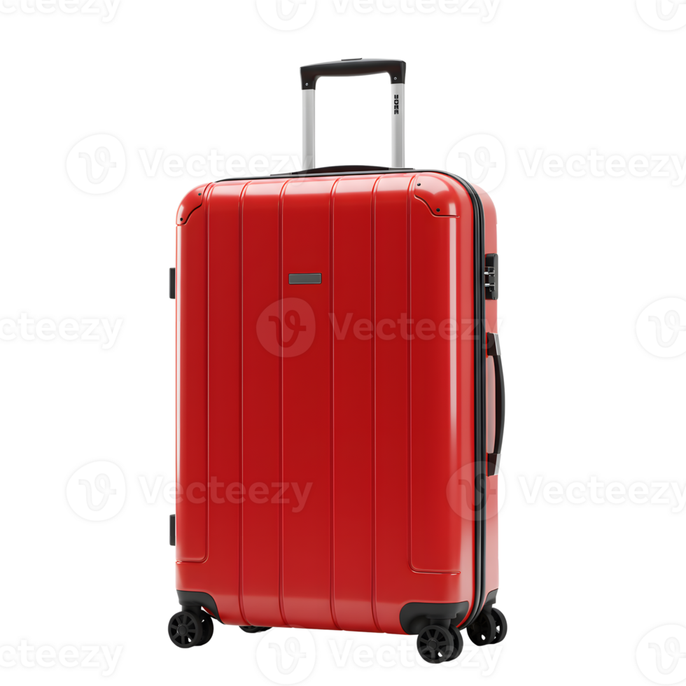 A bright red suitcase stands ready for travel, featuring a sleek design ideal for vacation or business trips, transparent background png