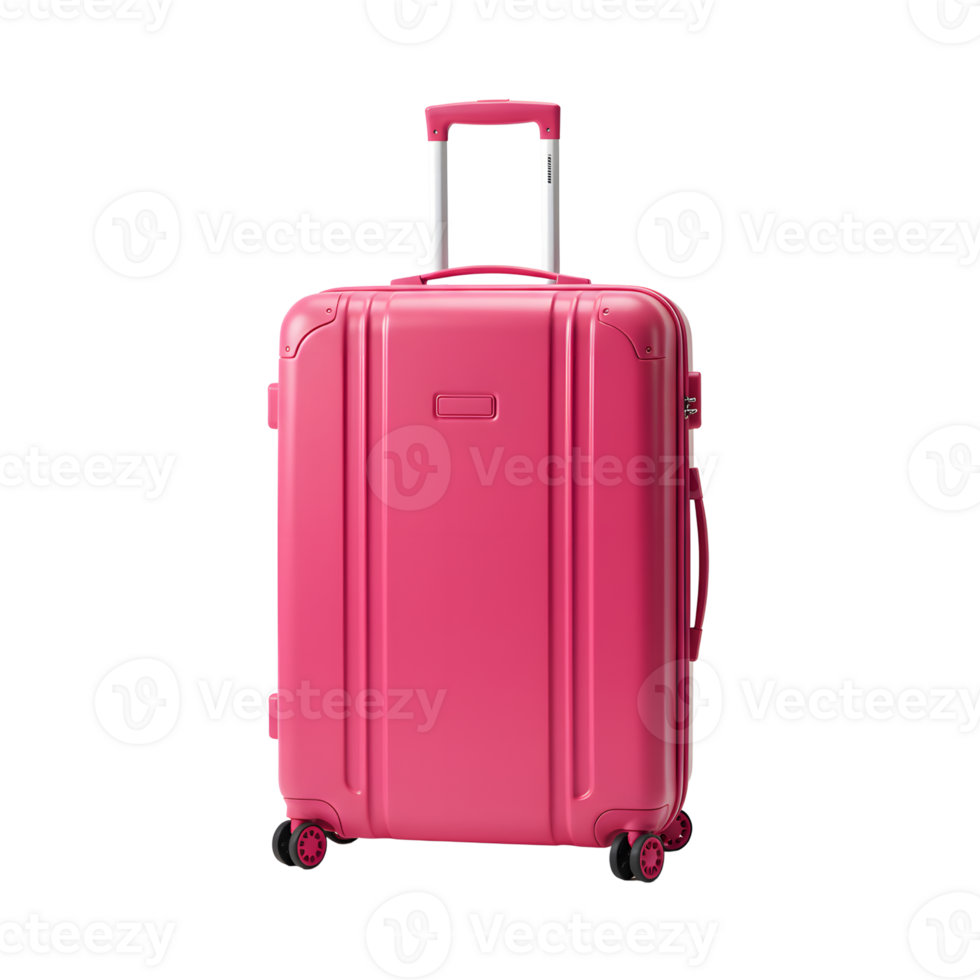 A stylish pink suitcase stands ready for travel adventures, offering functionality and flair for global explorations and vacation getaways, transparent background png