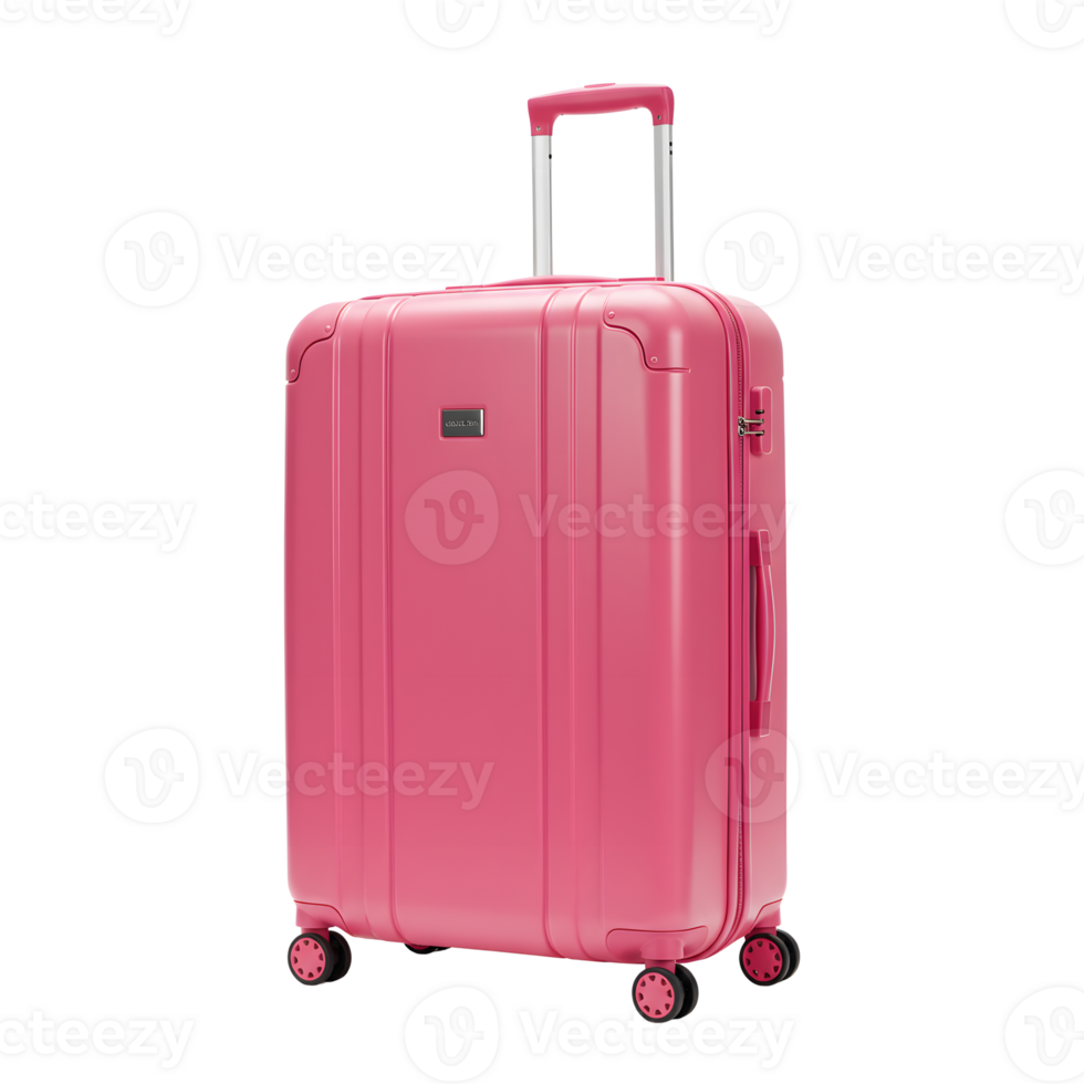 Striking pink suitcase stands ready for travel adventures against a stark transparent background, perfect for showcasing luggage design. png