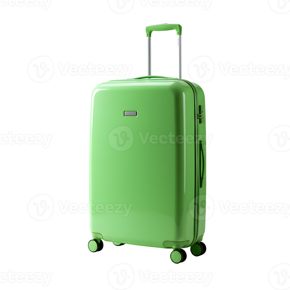A bright green suitcase stands ready for travel, showcasing its sleek design against a contrasting transparent background in studio. png