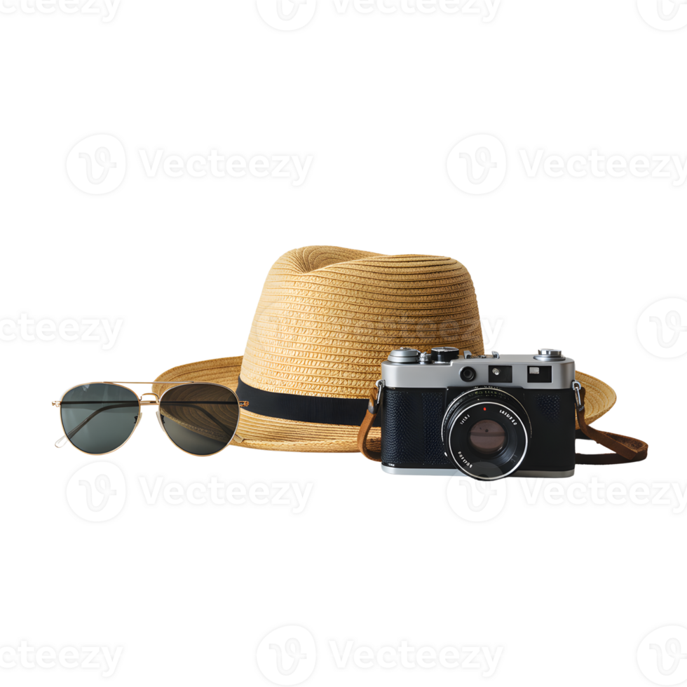 Summer travel essentials present a retro camera, straw hat, and stylish sunglasses against a dark backdrop, transparent background png