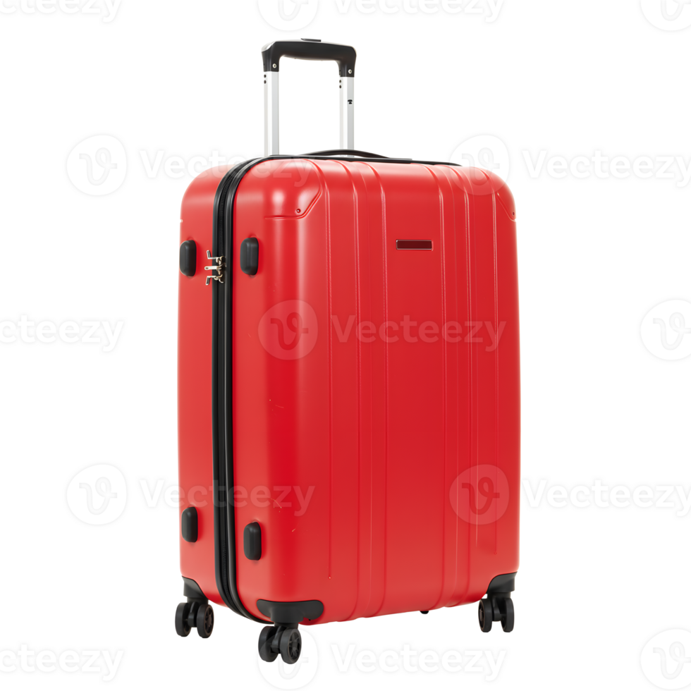 A vibrant red suitcase stands tall, showcasing its sleek design against a simple background, ideal for travel and packing themes, transparent background png