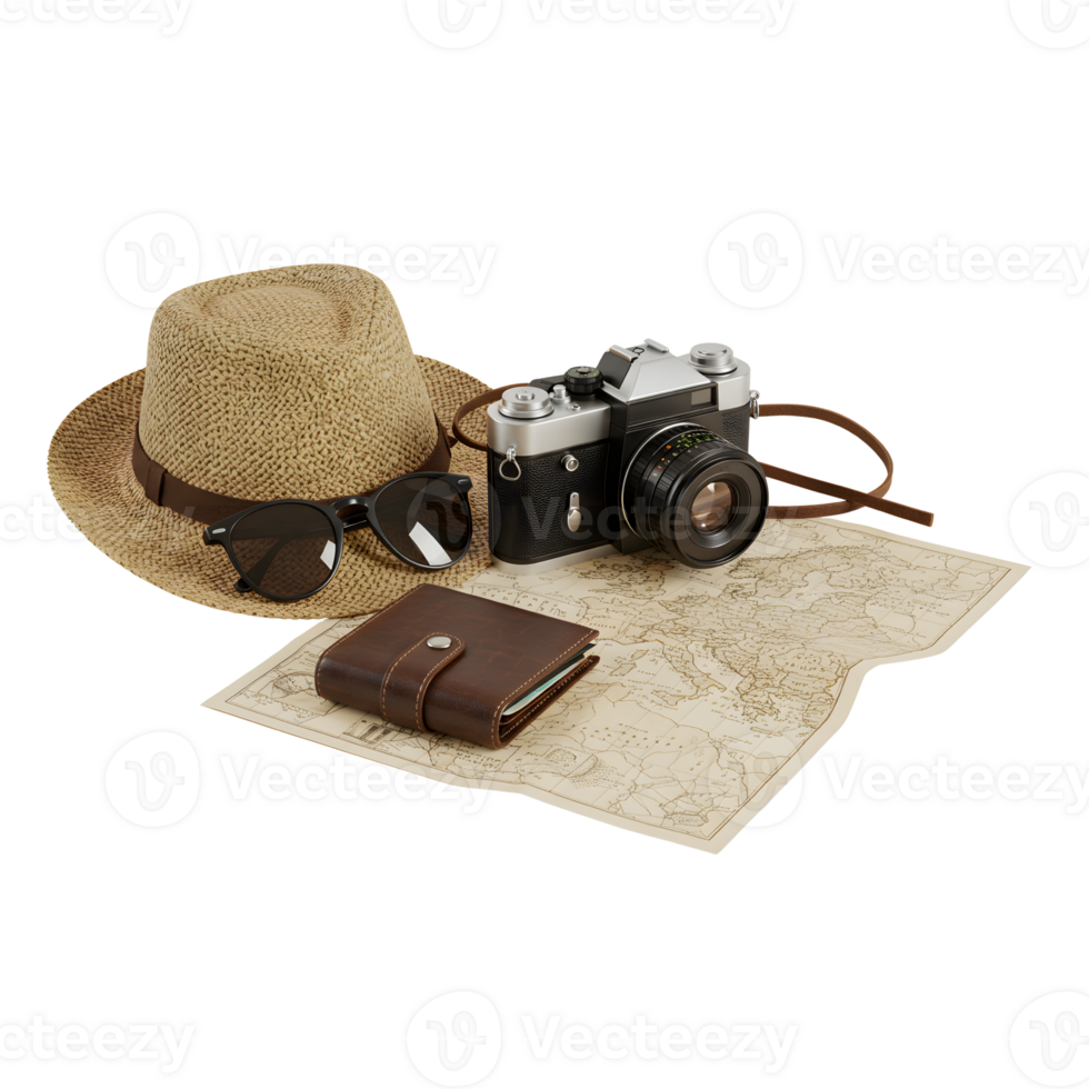 Summer travel essentials present a retro camera, straw hat, and stylish sunglasses against a dark backdrop png