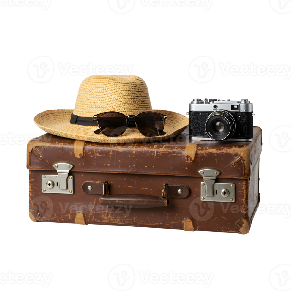 Old suitcase with hat, sunglasses and vintage camera represents travel and adventure, transparent background png