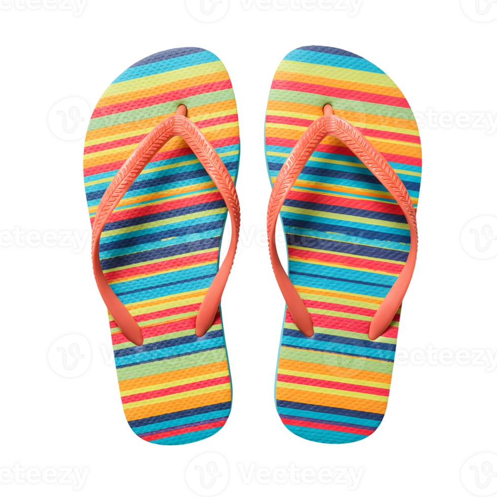Brightly striped summer flip flops, colorful beach footwear with orange straps on a transparent background, ideal for vacation and relaxation themes. png