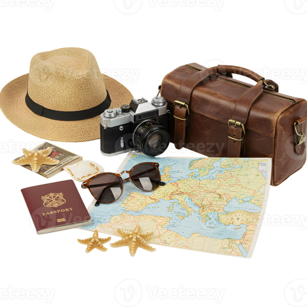 Vintage suitcase with hat, sunglasses and vintage camera represents travel and adventure, transparent background png