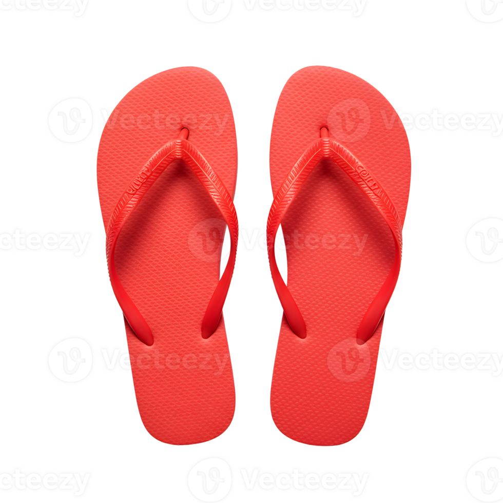 Bright red pair of flip flops against a transparent background, perfect for summer vacation, beach days, or poolside relaxation. png