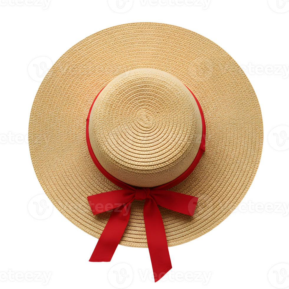 Straw sunhat beautifully decorated with a vibrant red ribbon, ideal for summer outings and protecting against the sun's rays, transparent background png