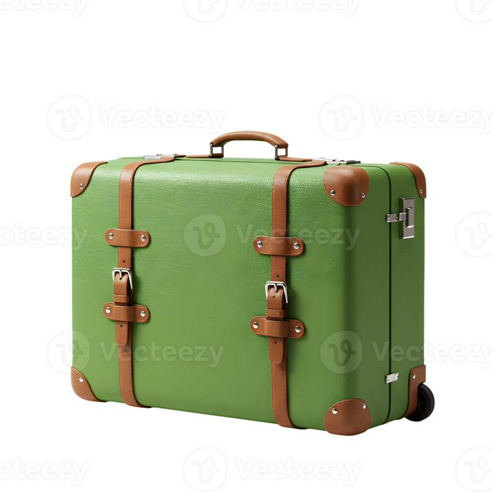 A vintage green suitcase with brown leather straps stands ready for travel against a stark transparent background, evoking a sense of classic adventure. png