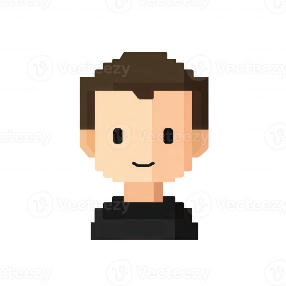 Smiling man icon in pixel art style with transparent background, ideal for avatars, social media, and online games png