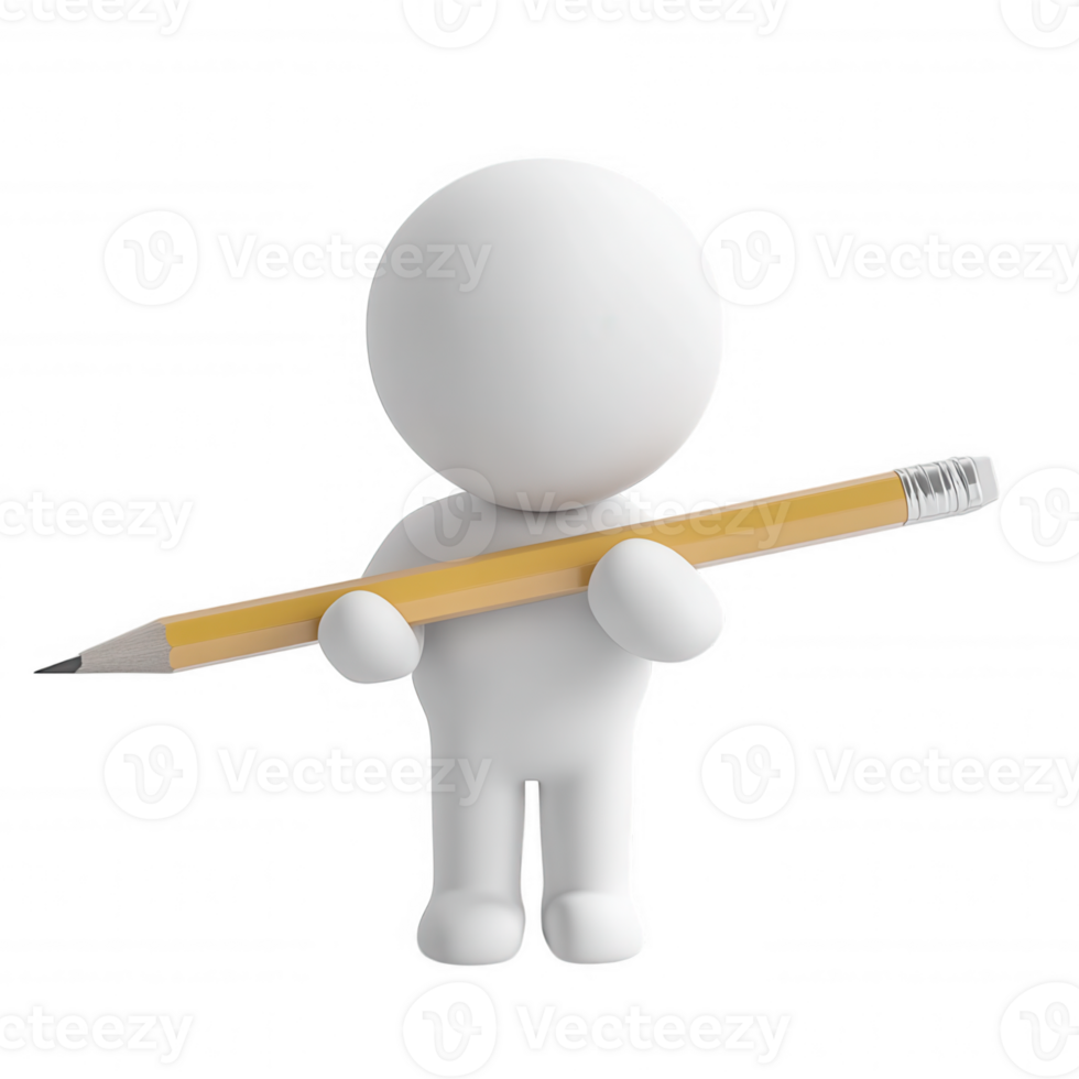 White 3d icon character gripping pencil, ready for creative sketching against transparent background, symbolizing artistic potential png