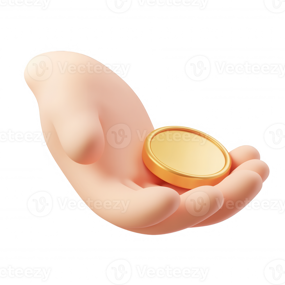 Golden cartoon hand gripping glowing coin, 3d icon financial symbol on transparent background, representing investment opportunity png