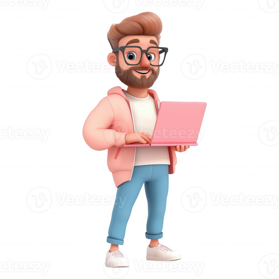 Full length 3d icon character using laptop, perfect for projects related to technology, work, and communication png