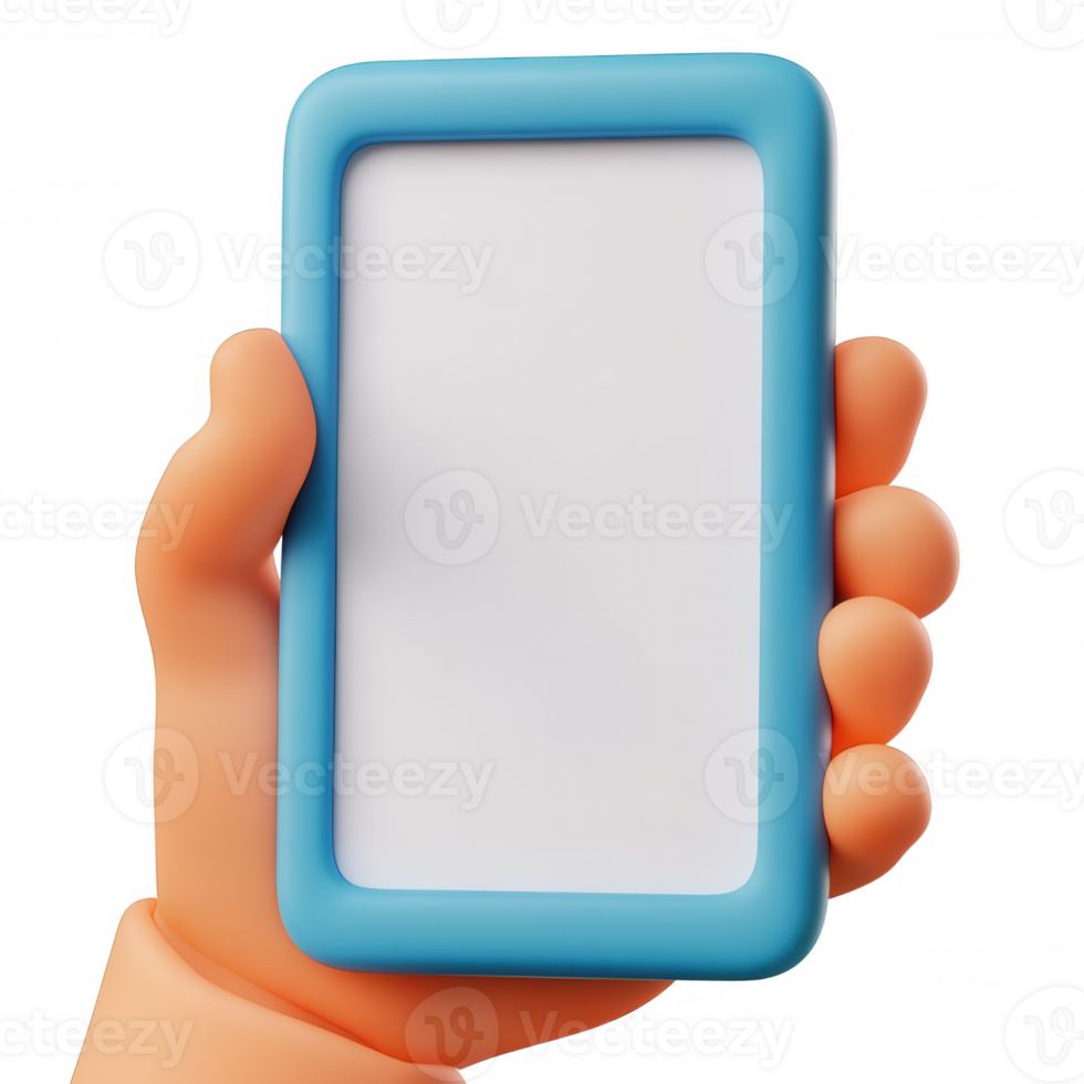 3d icon Cartoon hand grasping smartphone, blank white screen displaying digital content, transparent background enabling seamless graphic design placement png