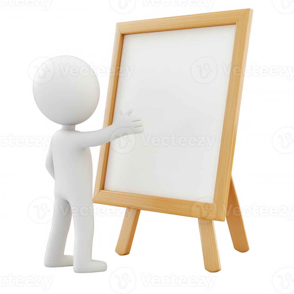 White 3d icon character showing a blank whiteboard on a transparent background, perfect for presentations and educational content png