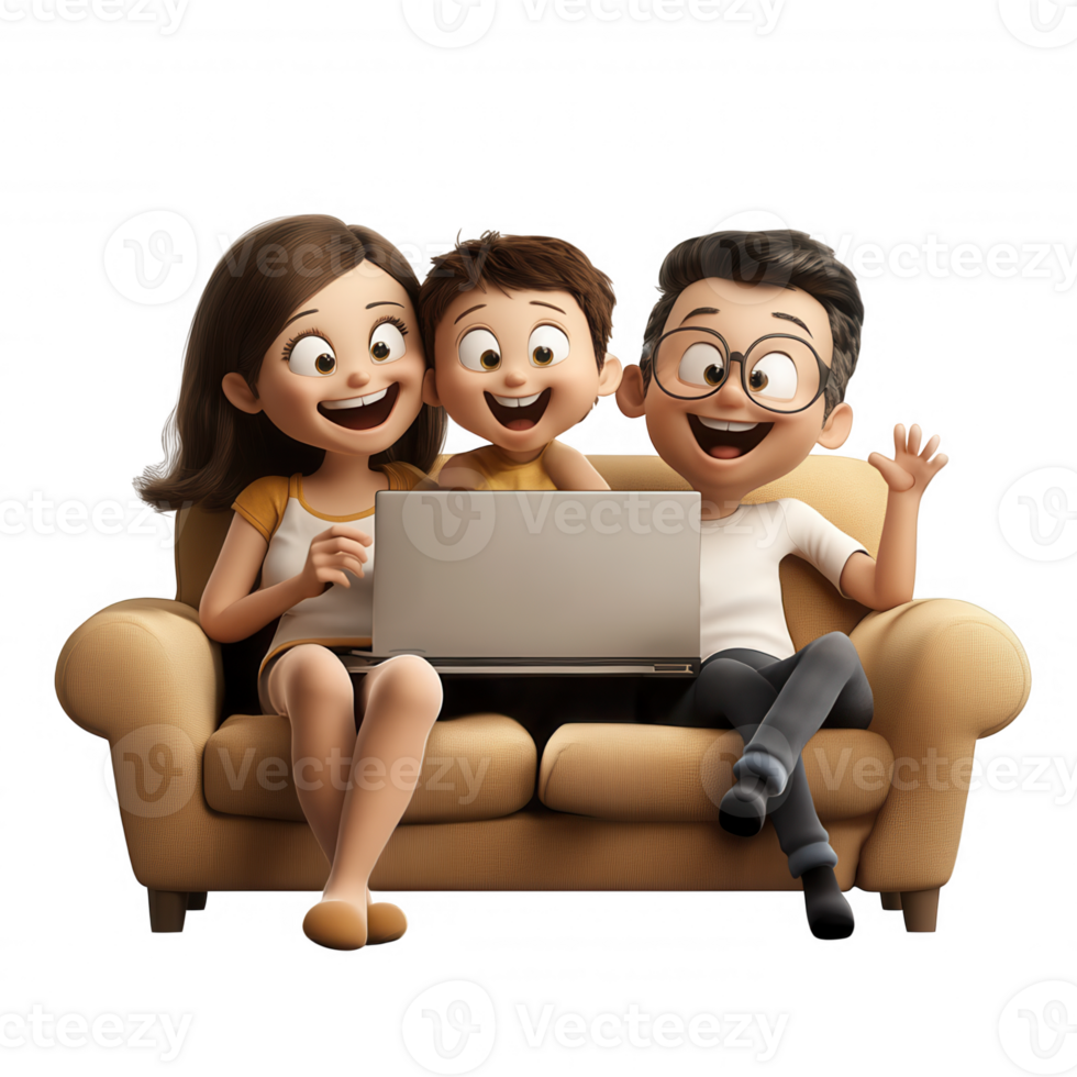 3d icon Family members relaxing on sofa, sharing laptop screen, smiling and bonding together with transparent background png
