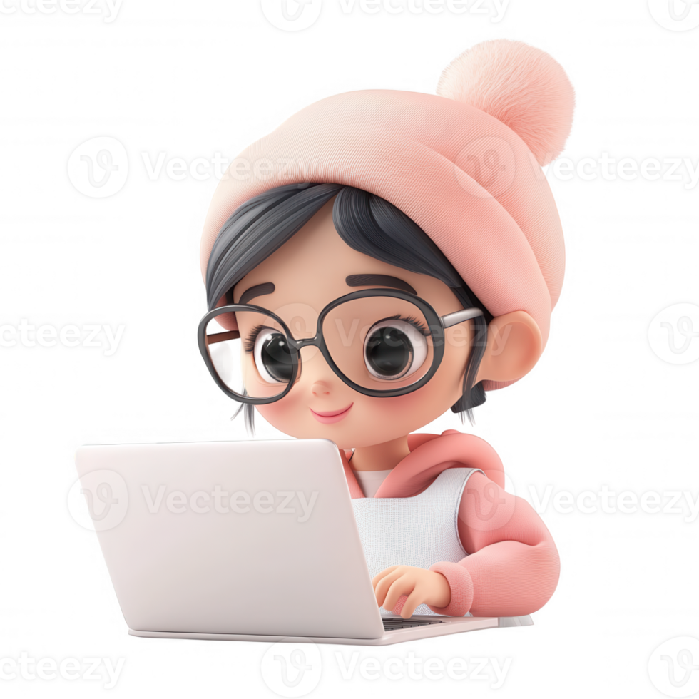 Cartoon girl with glasses, pink winter hat working on laptop, 3d icon against transparent background, suiting tech and learning design needs png