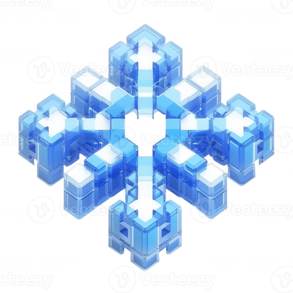 3d icon Intricate snowflake pattern emerging from melting ice cubes, crystallizing against clear surface, representing winter's delicate geometry png