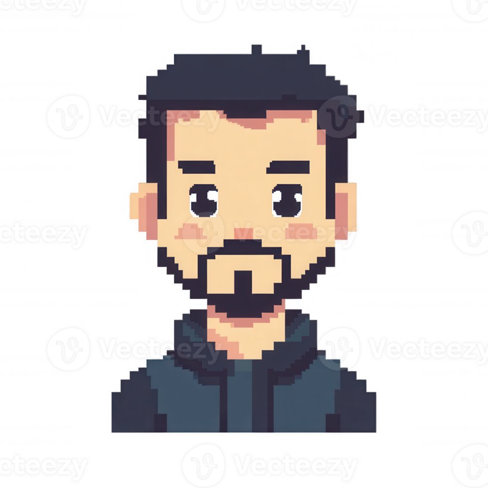 Smiling man icon in pixel art style with transparent background, ideal for avatars, social media, online games png
