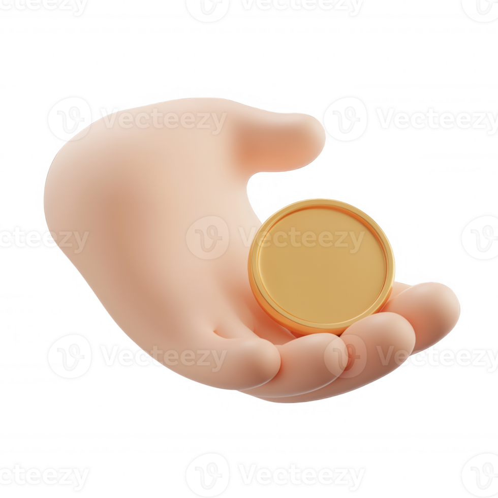Golden cartoon hand gripping glowing coin, 3d icon financial symbol on transparent background, investment opportunity png