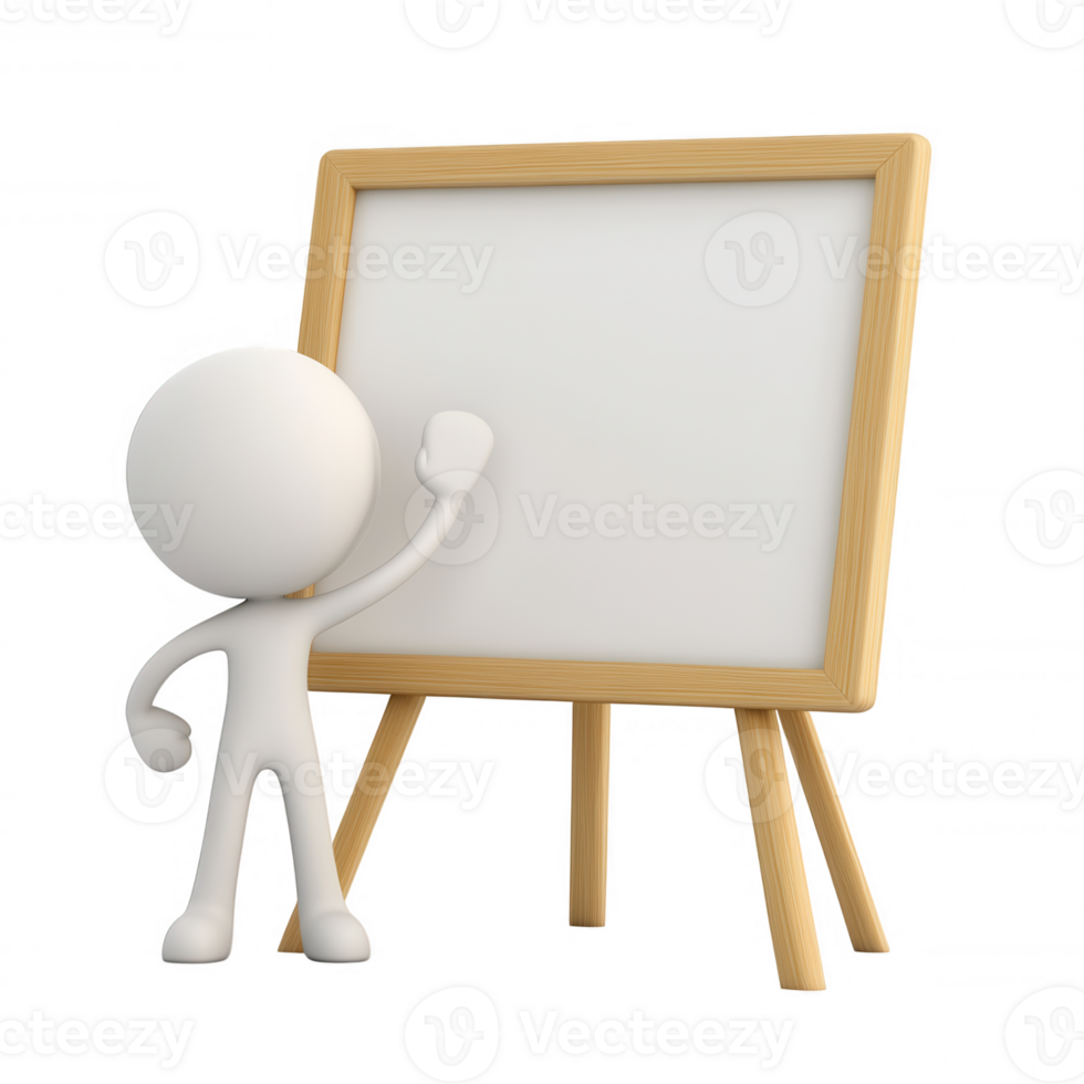 White 3d icon character showing a blank whiteboard on a transparent background, perfect presentations and educational content png