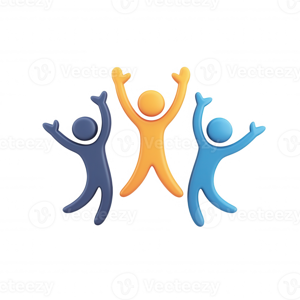 Vibrant 3d icons leaping with raised arms, conveying enthusiastic happiness on transparent backdrop png
