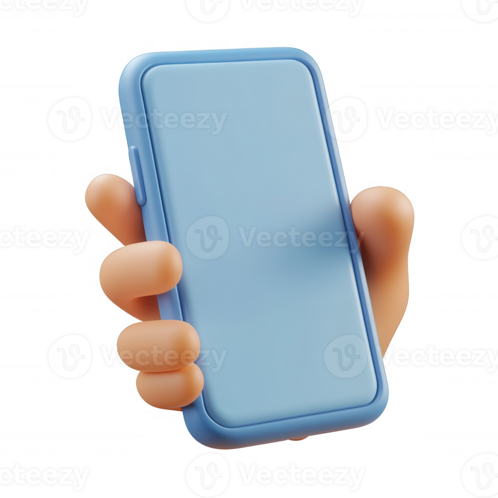 Cartoon hand grasping smartphone, blank white screen displaying digital content, transparent background enabling seamless graphic design placement png