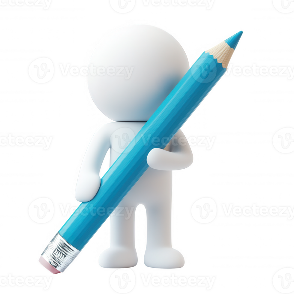 White 3d icon character holding a big blue pencil on a transparent background, ready for writing and drawing png
