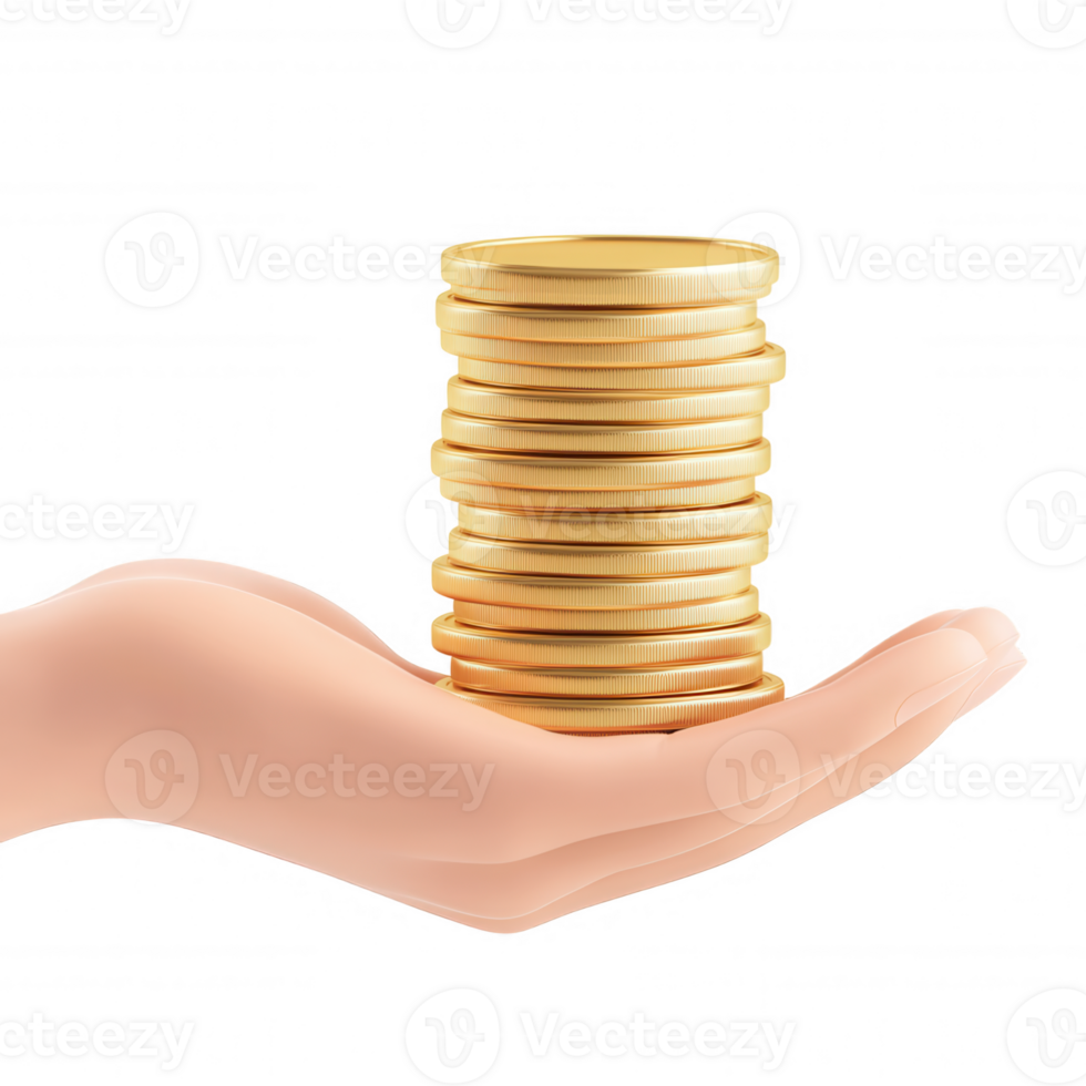 3d icon Cartoon hand holding a stack of gold coins, perfect for finance investment concepts, with transparent background png