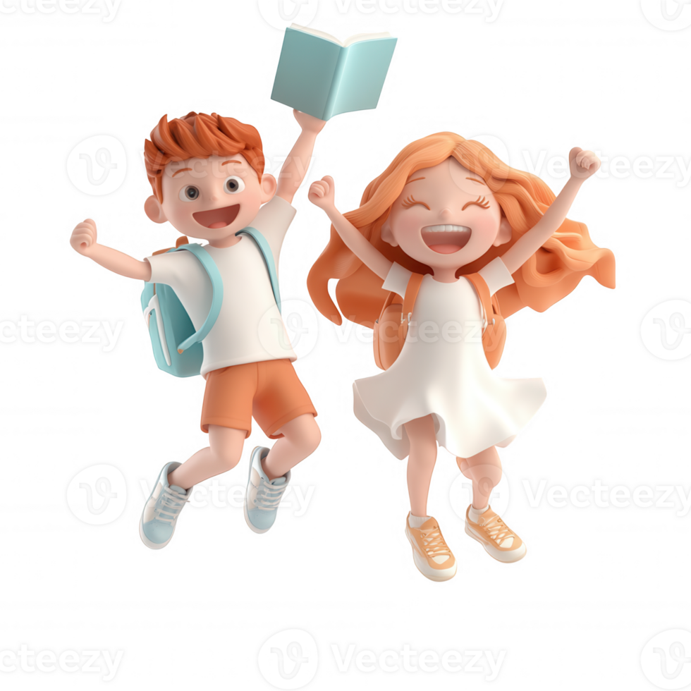 Jubilant 3d student icon leaping skyward, holding academic book, graduation success on clean transparent background png