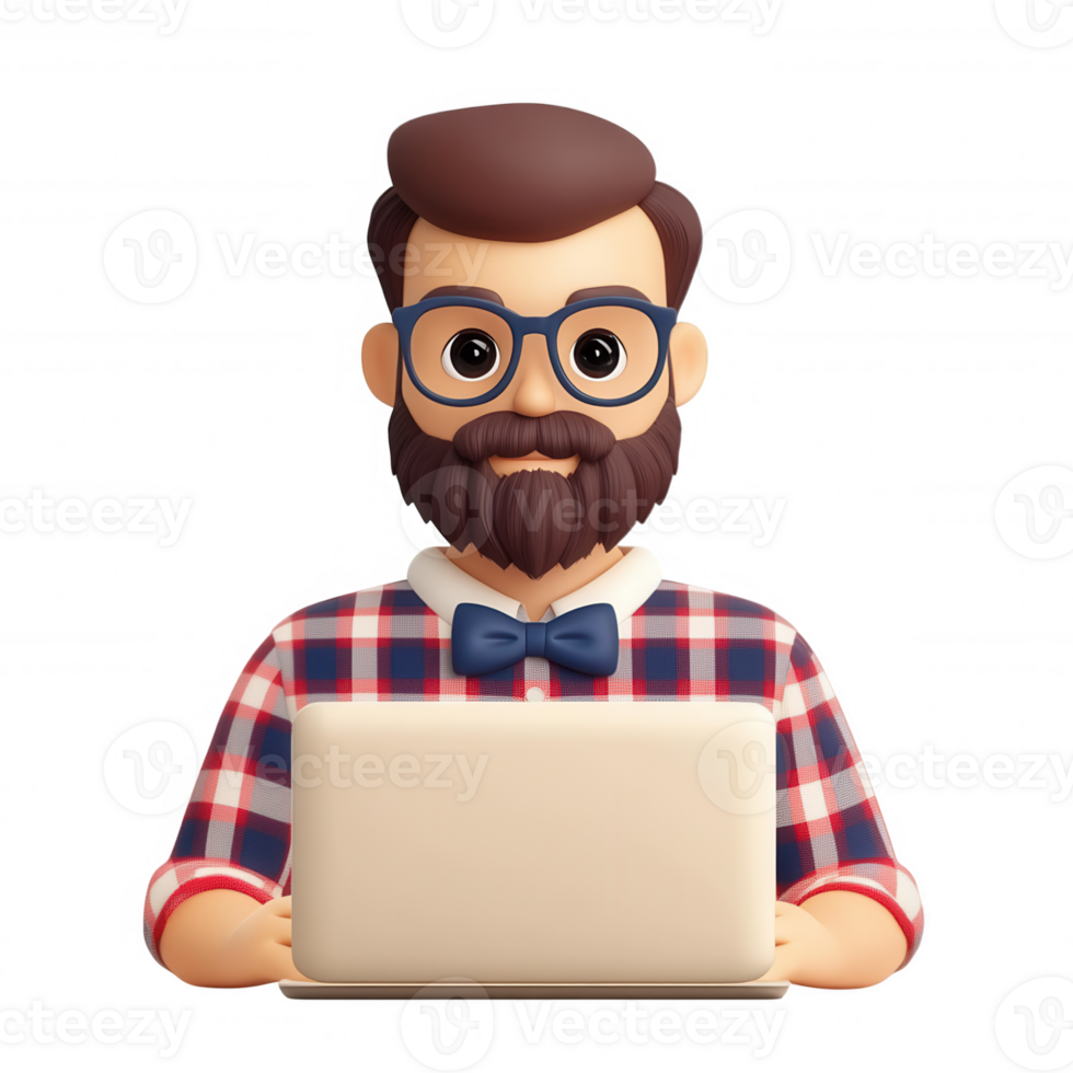Bearded professional man with glasses and bow tie using laptop, 3d icon with transparent background, perfect for modern projects png