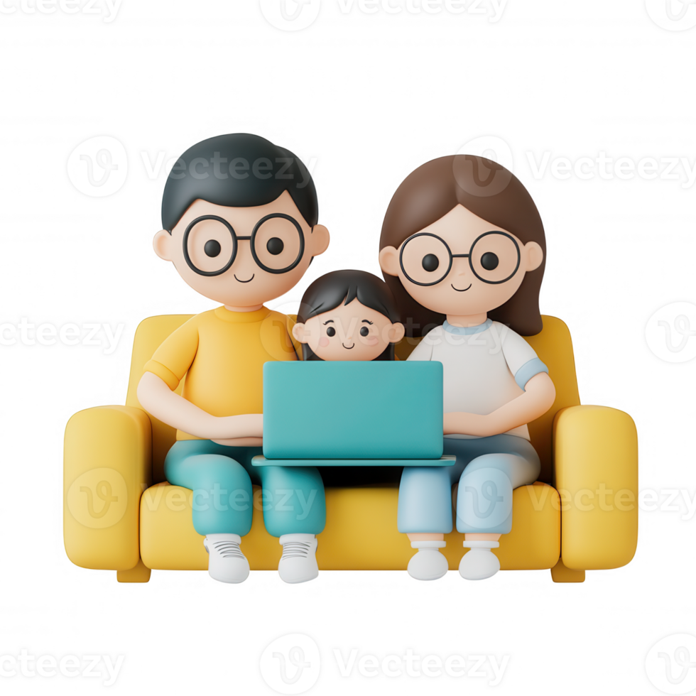 3d icon Family members relaxing on sofa, sharing laptop screen, smiling bonding together with transparent background png
