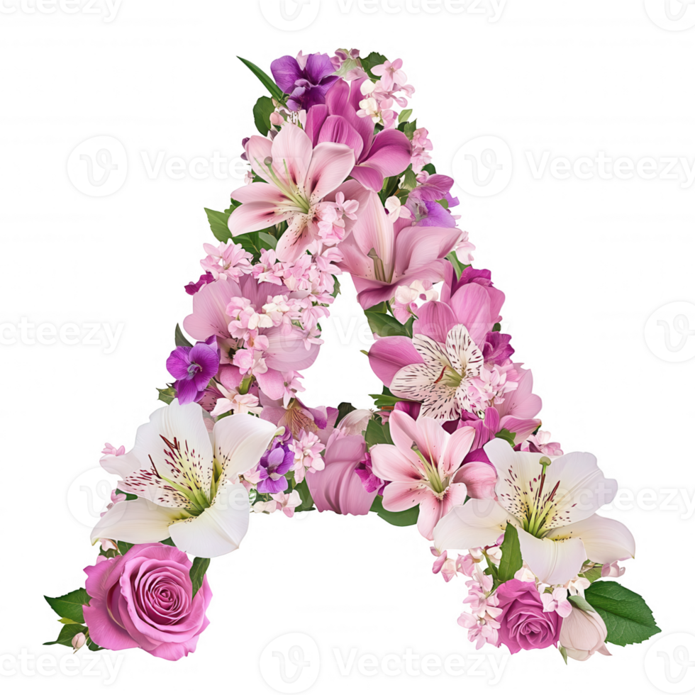 Floral letter A composition crafting decorative typography using pink, lilies, carnations, roses, peonies on transparent background png