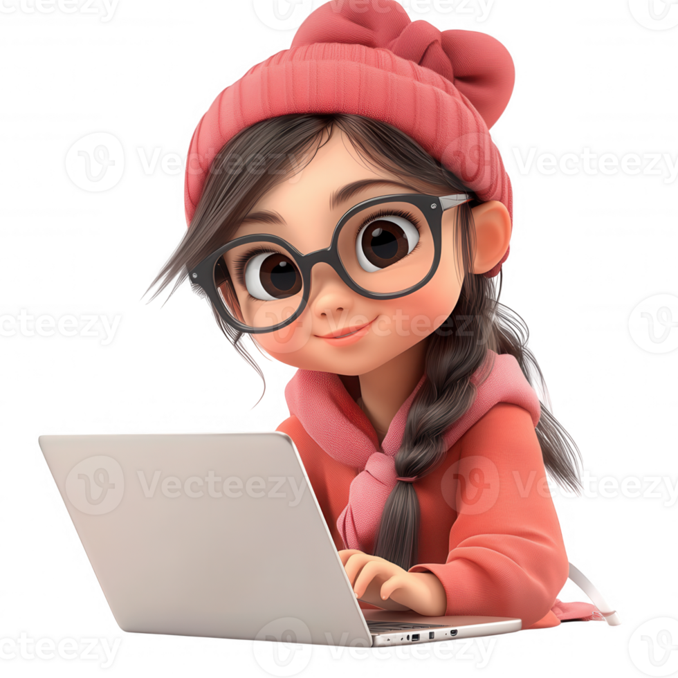 Cartoon girl with glasses, pink winter hat working on laptop, 3d icon against transparent backdrop, suiting tech and learning design needs png