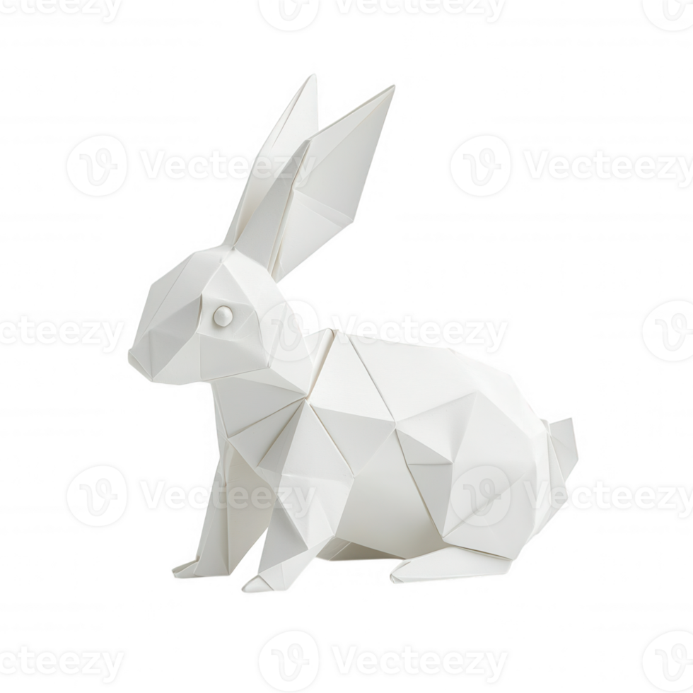 White origami rabbit sitting, made of paper folded into geometric shapes, isolated on transparent background, ideal for easter and spring projects png