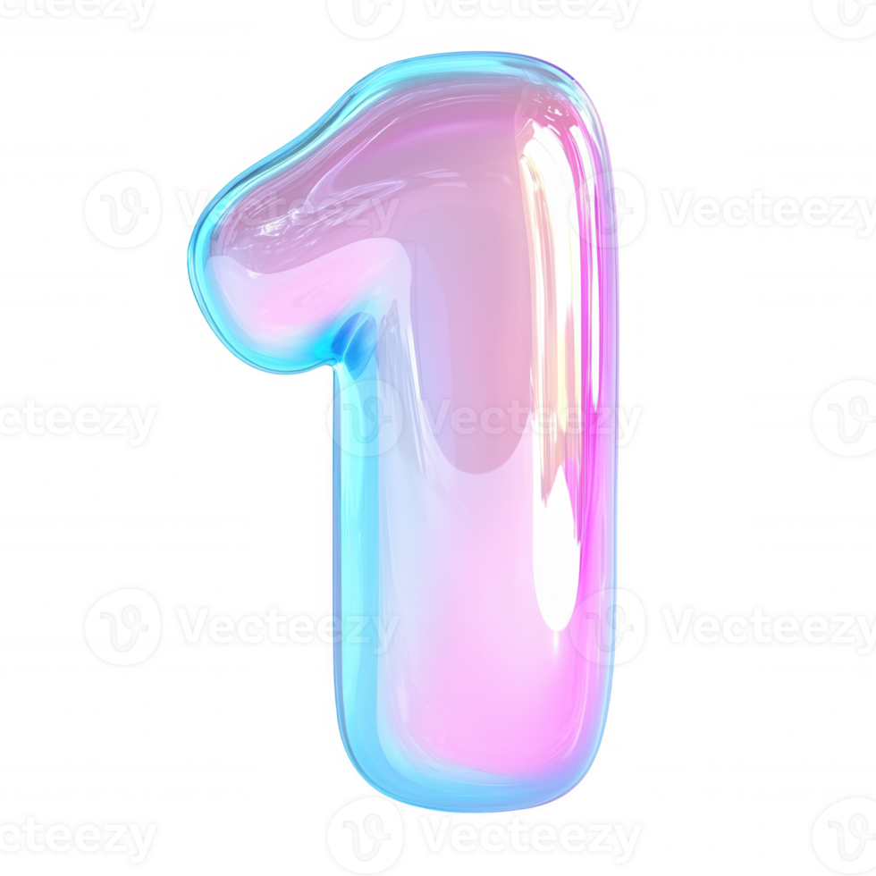 3d icon Holographic numeral '1' shimmering in pink and blue, floating against transparent background for celebratory graphic designs png