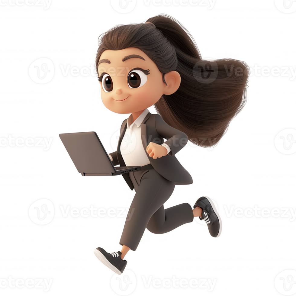 3d icon Businesswoman running with laptop, dynamic professional pose highlighting technological mobility against transparent background png