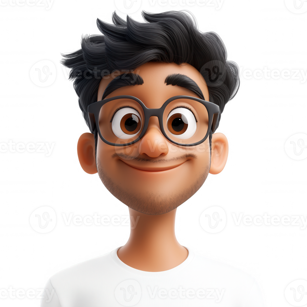 3d icon friendly cartoon man wearing glasses and smiling, isolated on a transparent background png