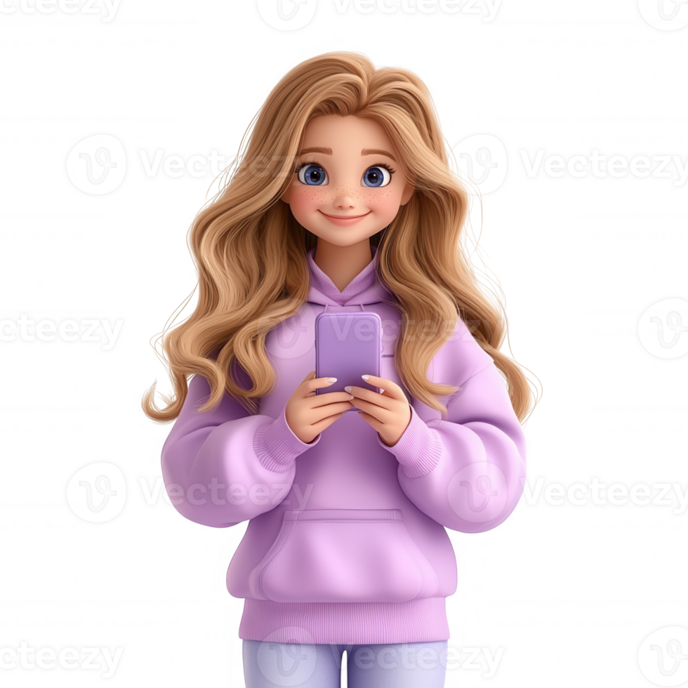 3d icon user depicting blonde teenage girl smiling, wearing purple hoodie, grasping smartphone against transparent backdrop png