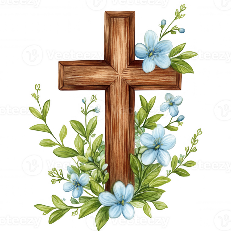 Watercolor wooden cross decorated with blue flowers and background leaves, perfect for easter or religious projects, featuring a transparent green for easy integration png