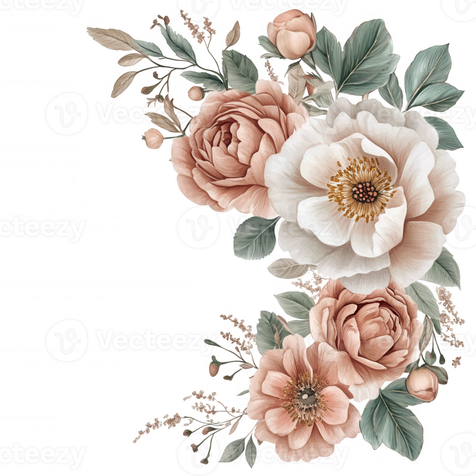 Pastel roses and highlighting arranged gracefully in vintage inspired corner composition, peonies soft floral palette against transparent background png