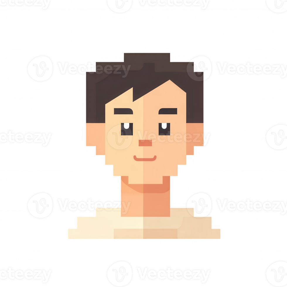 Smiling man icon in pixel art style with transparent background, ideal for avatars, social media, games png