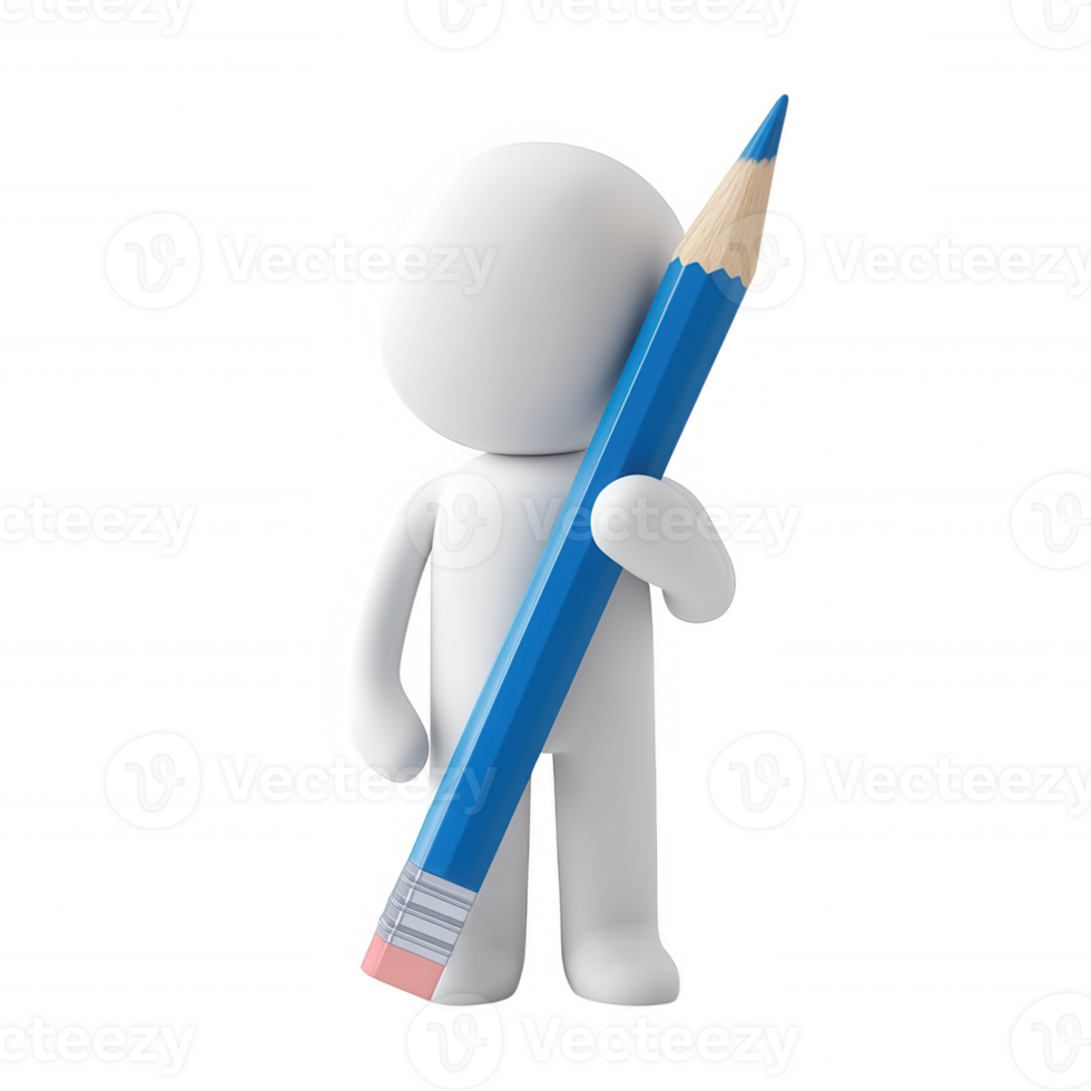 White 3d icon character holding a big blue pencil on a transparent ready for writing and drawing png
