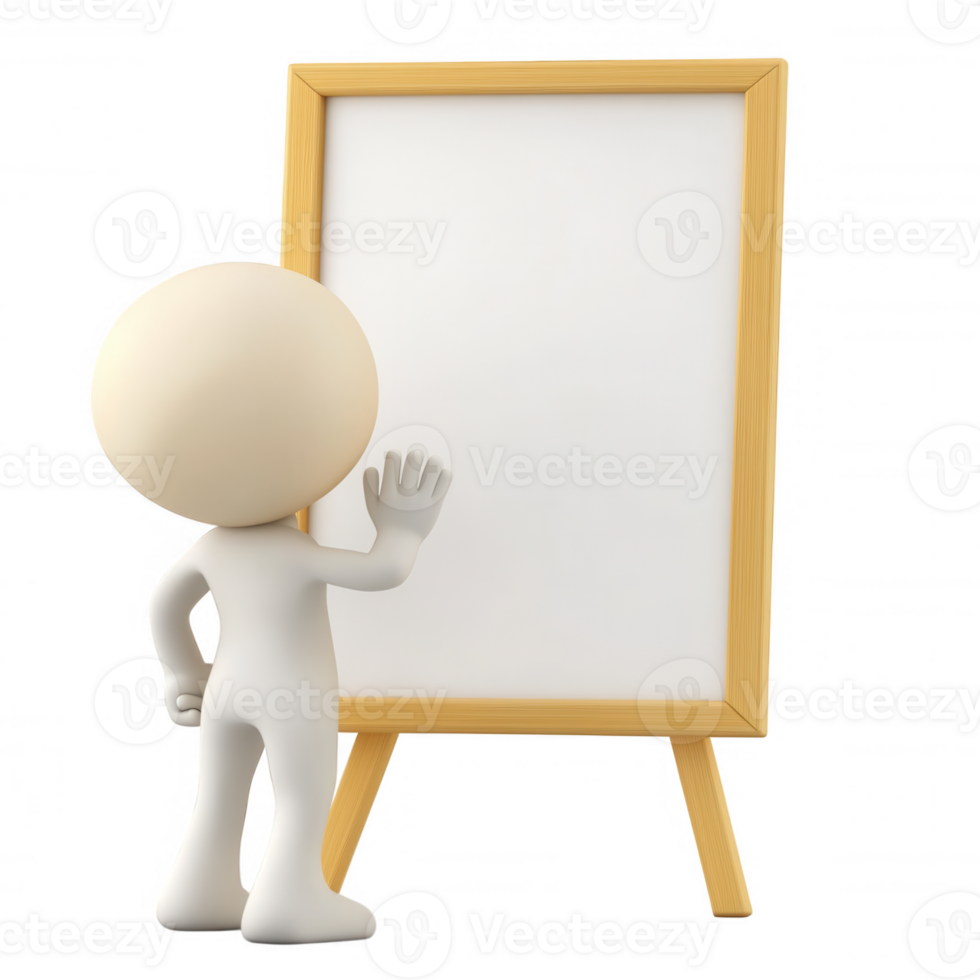 White 3d icon character showing a blank whiteboard on a transparent perfect for presentations and educational content png