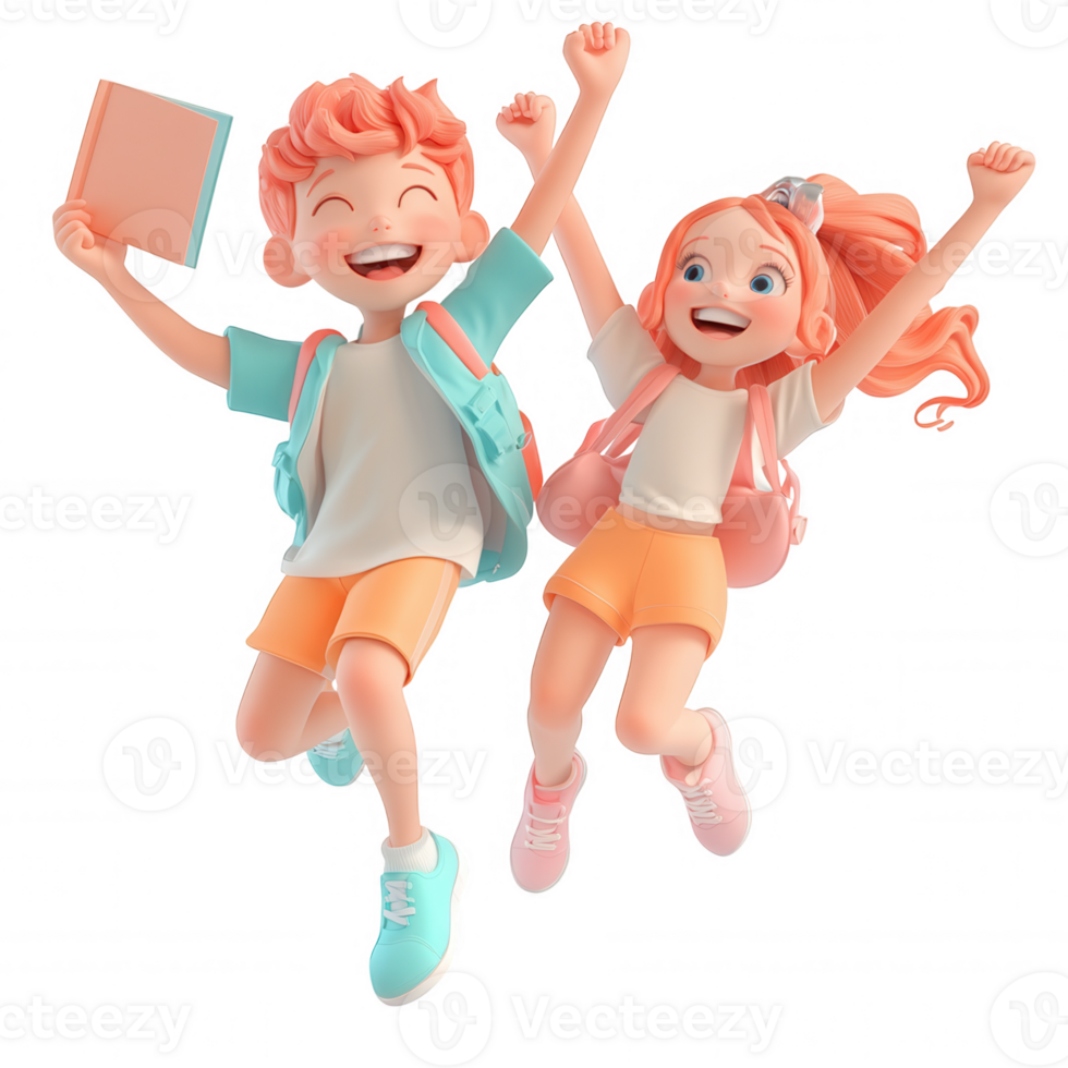 Jubilant 3d student icon leaping skyward, holding academic book, celebrating success on clean transparent background png