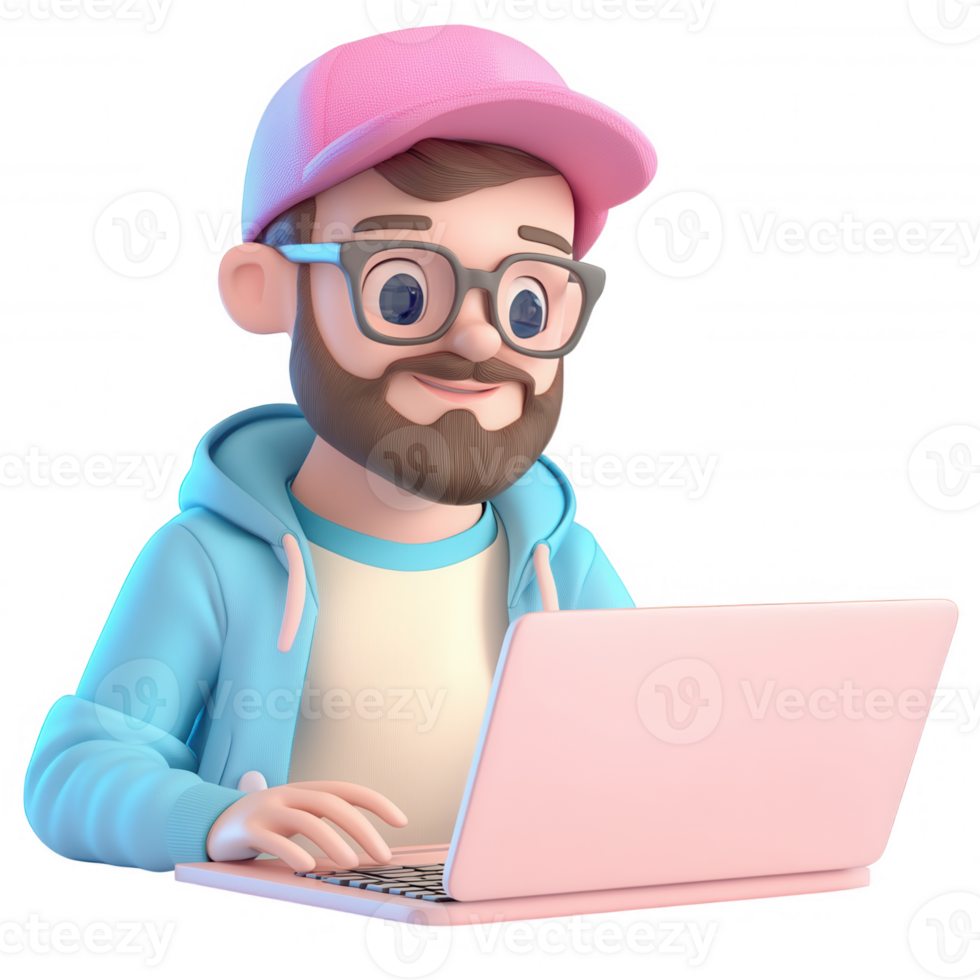 Bearded professional man with glasses and bow tie using laptop, 3d icon with transparent background, for modern projects png