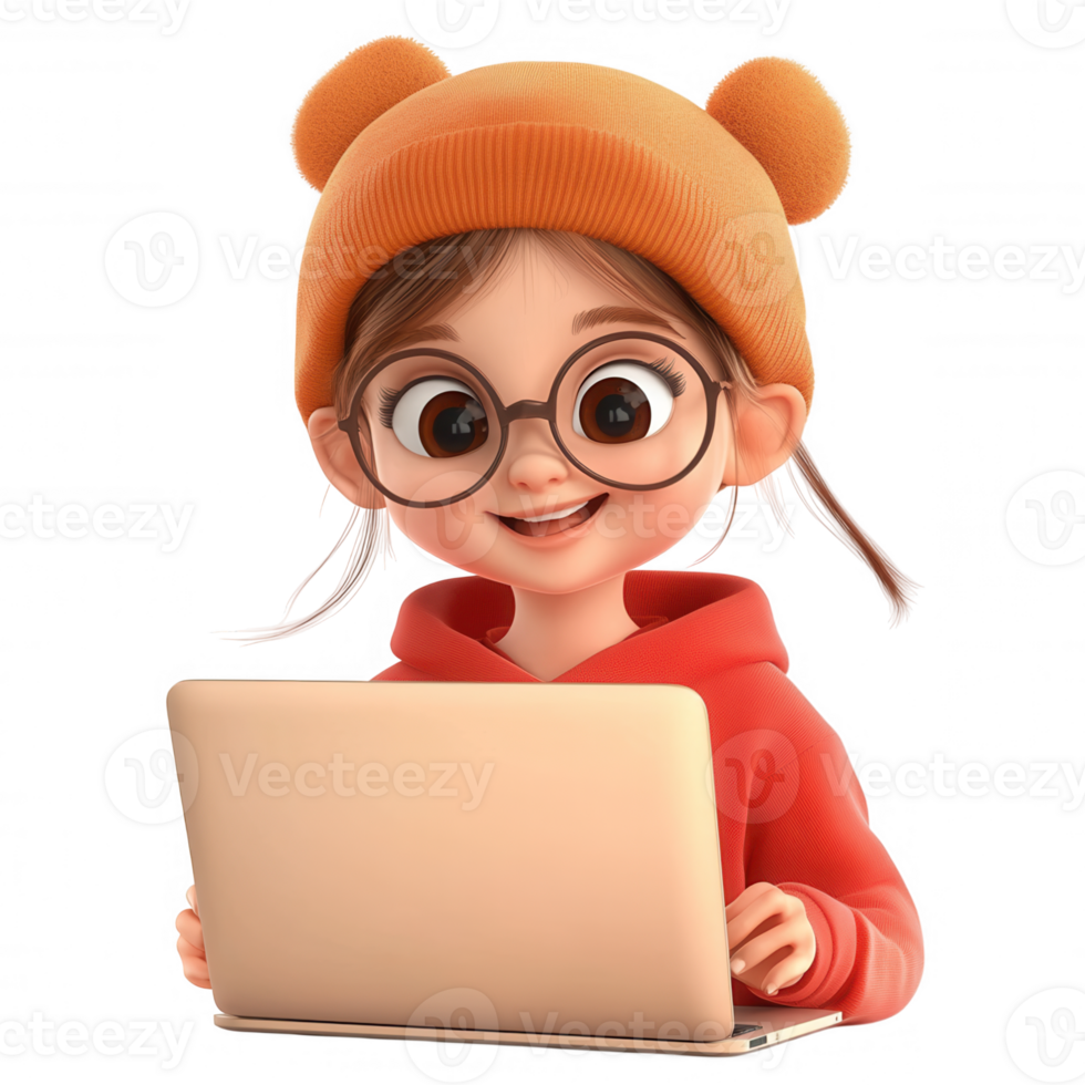 Cartoon girl with glasses, pink winter hat working on laptop, 3d icon against transparent backdrop, suiting tech learning design needs png