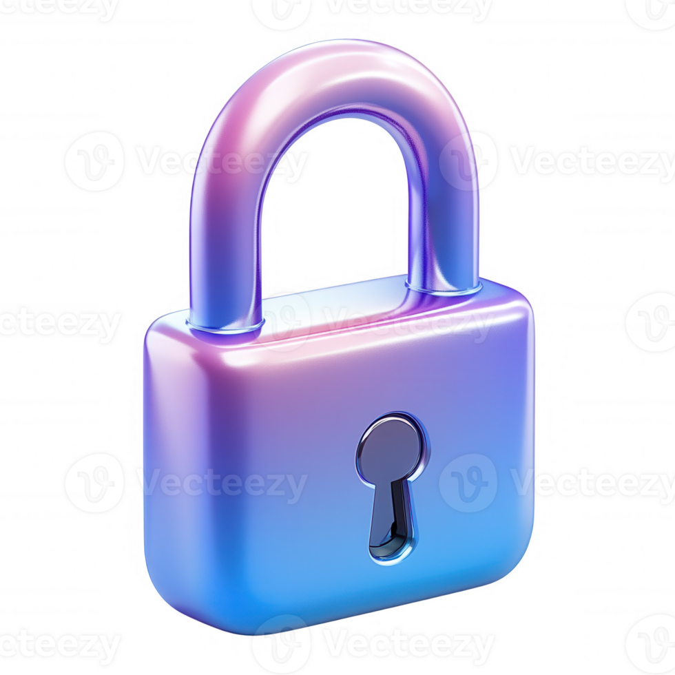 3d icon Metallic padlock icon glowing with iridescent sheen, representing digital security and privacy against transparent background png